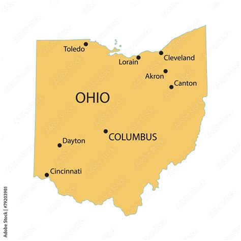 yellow map of Ohio with indication of largest cities Stock Vector ...