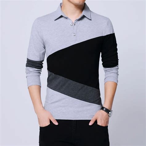 Mens T Shirts Fashion Contrast Color Patchwork Long Sleeve Slim Fit ...