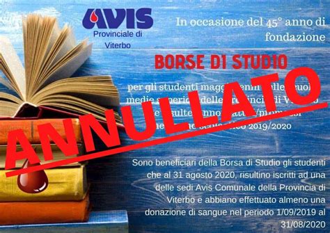 Aggiornamento Bando “Borse di Studio 2020” – AVIS PROVINCIALE VITERBO