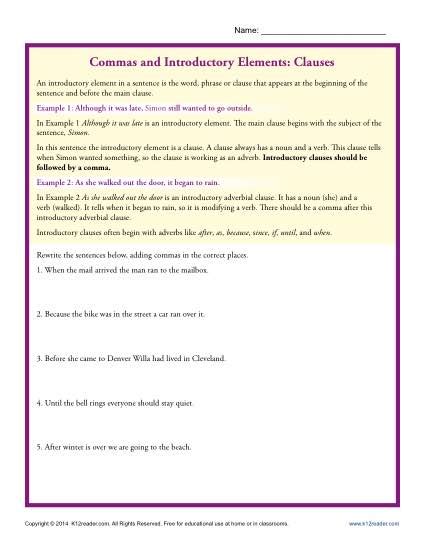 Commas and Introductory Elements: Clauses | Punctuation Worksheets