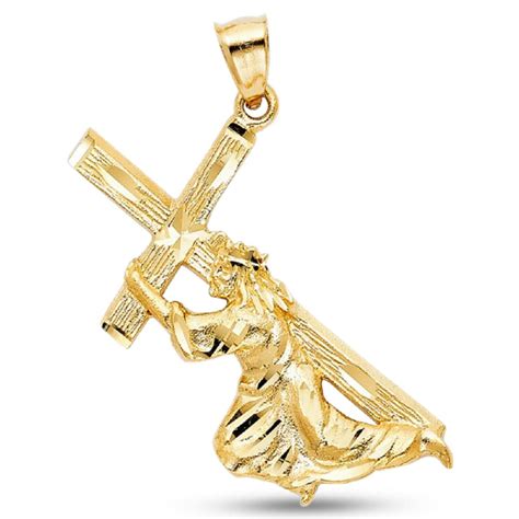 14k Yellow Gold Jesus Carrying Cross Pendant Christ Holding Cross Charm ...