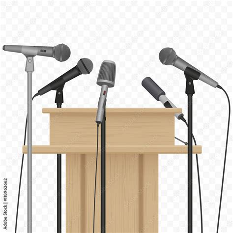 Press conference speaker podium tribune with microphones on the alpha ...