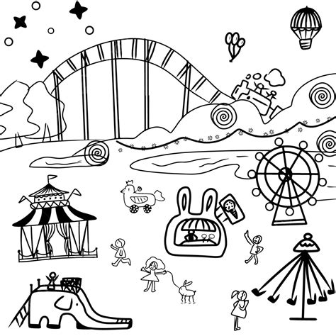 Cartoon Amusement Park Vector Simple Stroke, Park Drawing, Amusement ...