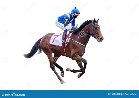 Horse Jockey Racing Isolated on White Background in Blue Jacket Riding ...