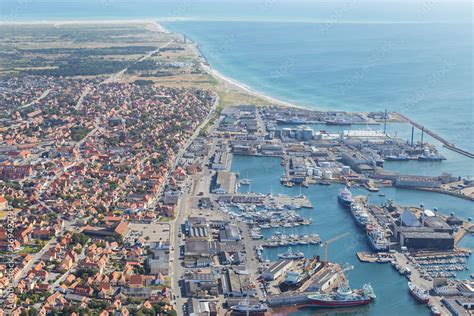 Aerial view of harbour in city of Skagen(Denmark).Aerial view of ...