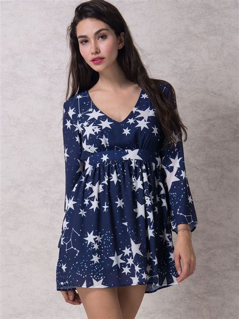 Dark Blue V-neck Flare Sleeve Star Print Galaxy Dress | Galaxy dress ...