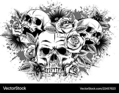 Skull with flowers with roses drawing by hand Vector Image