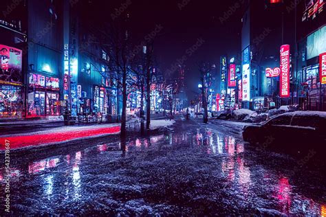 winter snow rain night city of the neon street at the downtown in ...