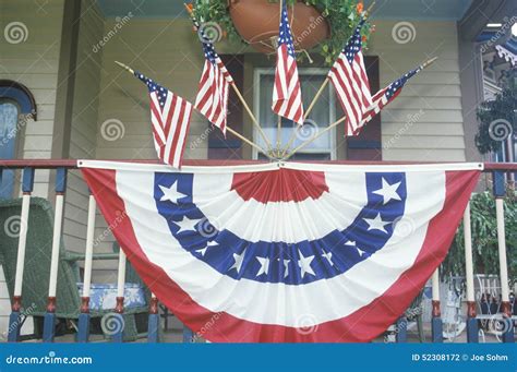 American Flags and Bunting Hung on Porch of House Editorial Photography ...