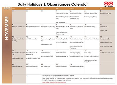 November Daily Holidays & Observances Printable Calendar - S&S Blog