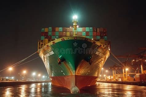 A Container Ship Loading with Containers at Night. Stock Image - Image ...