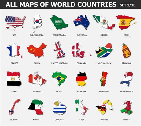 All maps of world countries and flags . Set 1 of 10 . Collection of ...