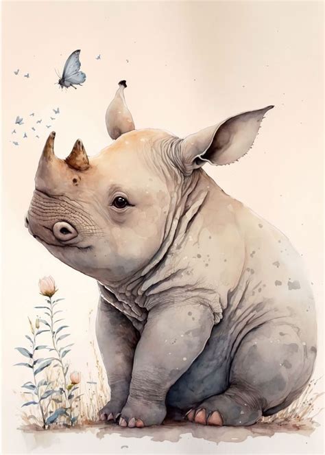 a painting of a rhinoceros sitting on the ground with butterflies ...