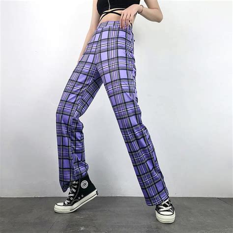 AESTHETIC STYLE PURPLE PLAID HIGH WAIST PANTS - Cosmique Studio