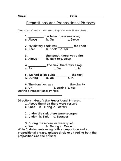 Prepositions and Prepositional Phrases Worksheet | PDF