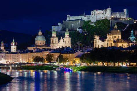 Old Town and Fortress at Night. Salzburg. Austria Stock Image - Image ...