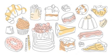 Premium Vector | Line art desserts tasty pastry croissant cake cookie ...