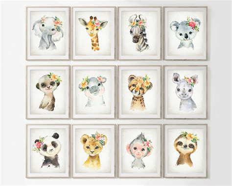 Cute Animals Print Set of 12, Watercolor ZOO Baby Animal Nursery Wall ...