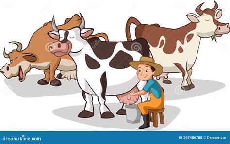 Cartoon Farmer Milking Cow. Stock Vector - Illustration of riding ...