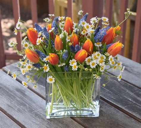 Spring flower arrangement with tulips, grape hyacinth, and chamomile ...