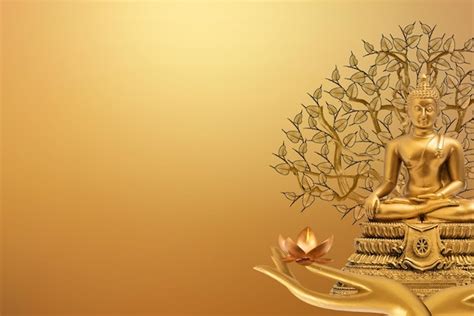 Premium Photo | Buddha statue and gold hands on gloden background