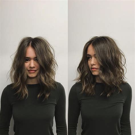 Brunette Layered Cut with Messy Wavy Texture and Center Part - The ...