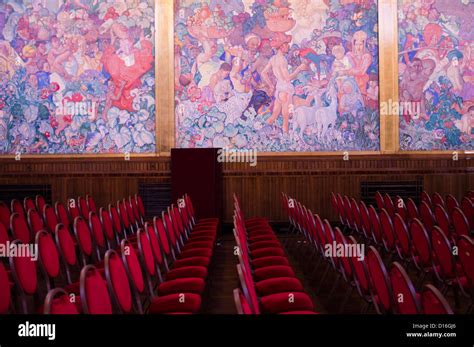 The ornate murals interior of the The Brangwyn Hall, Swansea Wales UK ...