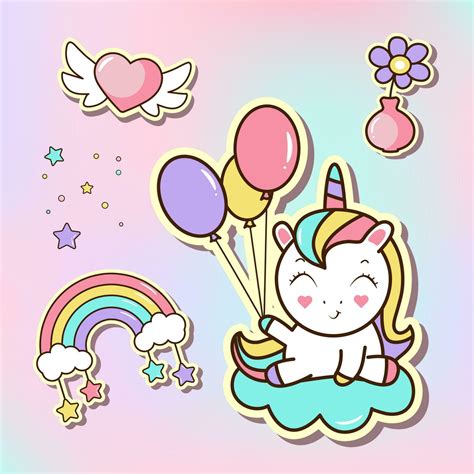 Set of cute stickers, unicorn with colorfull balloons, flower, rainbow ...