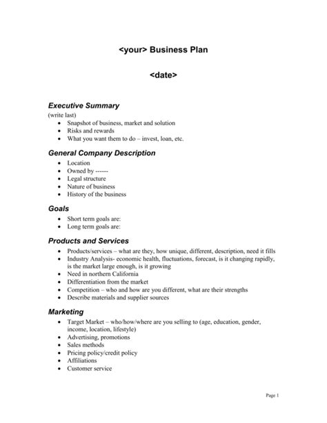 Business Plan Outline Template