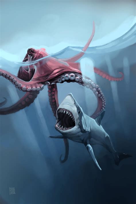 Mega Shark vs. Giant Octopus by sebtuch on DeviantArt