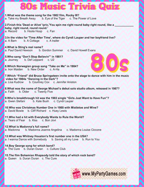 Free Printable 80s’ Music Trivia Quiz with Answer Key | 80s music ...