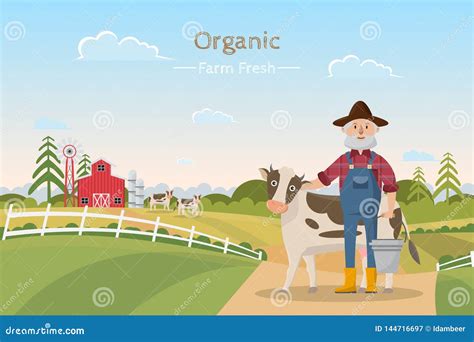 Happy Farmer Family Cartoon Character in Organic Rural Farm Stock ...