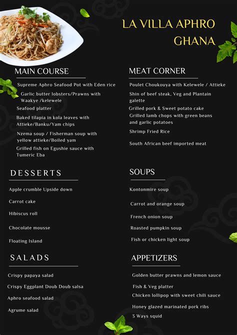 La Villa Aphro Ghana Menu - La Villa Aphro