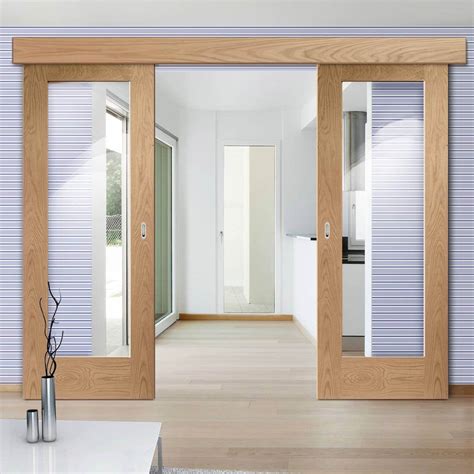 Double Sliding Door & Wall Track - Pattern 10 Oak 1 Pane Doors - Clear