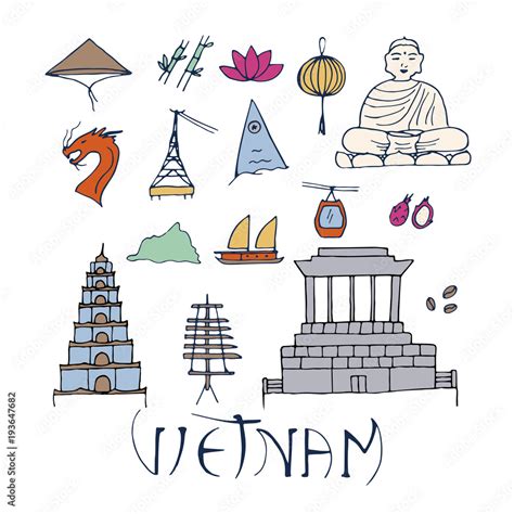 Main symbols of Vietnam isolated on white background. Culture of Asia ...