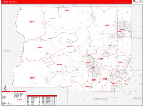 Boulder County, CO Zip Code Wall Map Red Line Style by MarketMAPS ...