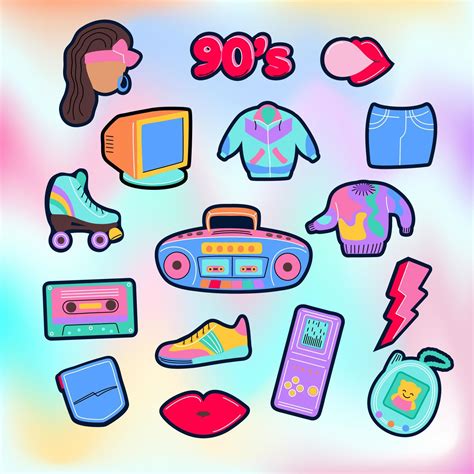 90s fashion icons with lips, sneakers, tape recorder, toys, computer ...