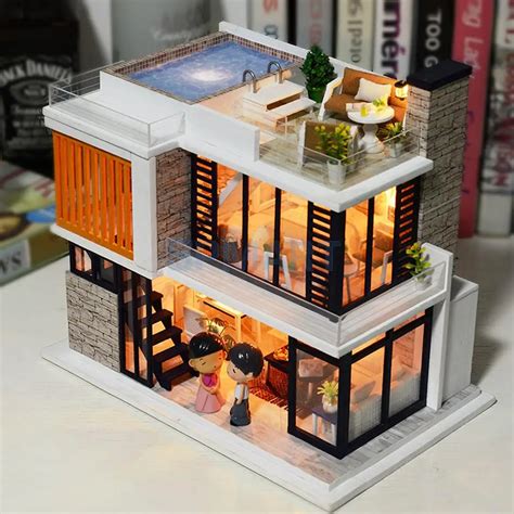 Handmade 3D DIY House Model Kit Miniature LED Light Wooden Dolls House ...