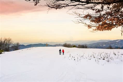 Couple Hiking on the Snow Covered Mountain Stock Photo - Image of peak ...