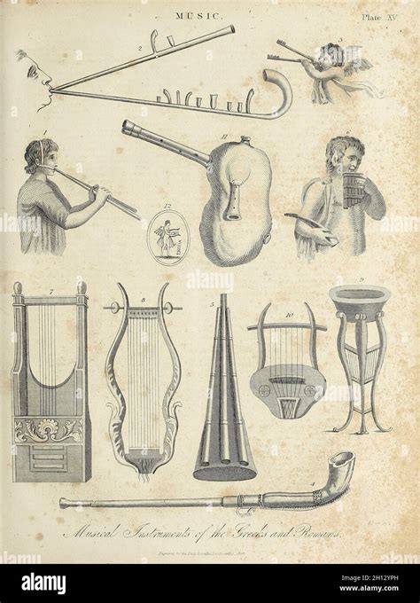 Greek and Roman music instruments, 19th century illustration Stock ...