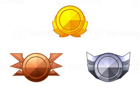 Set of game rank icons isolated. Bronze, silver and gold game badges ...