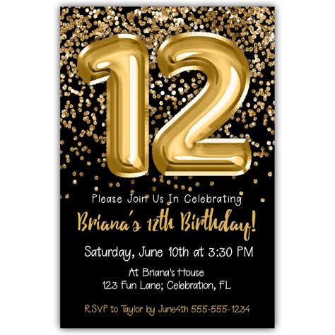 12th Birthday Invitation Gold Balloons Glitter on Black Birthday Party ...