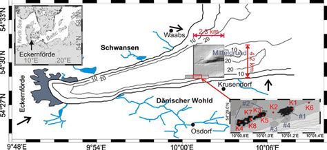 Map of Eckernförde Bay with 10-and 20-m isobaths, and more detailed ...