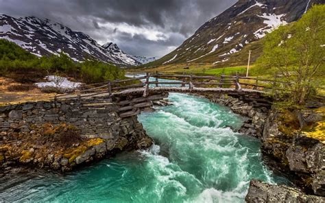 nature, Landscape, River, Bridge, Mountain, Trees, Clouds, Snow, Green ...