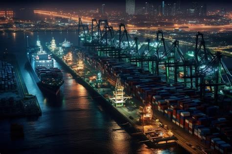 Premium AI Image | A container ship is docked at a port at night.