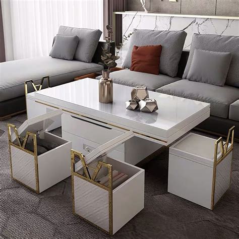 White Modern Lift Top Coffee Table Set with Storage & Stools Extendable ...