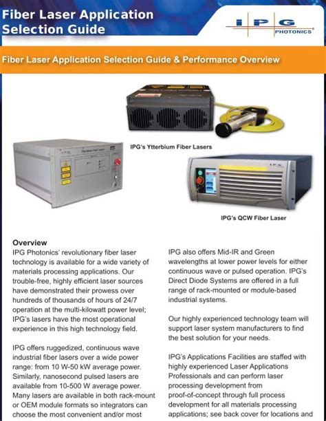 Fiber Laser Application Selection Guide - IPG Photonics