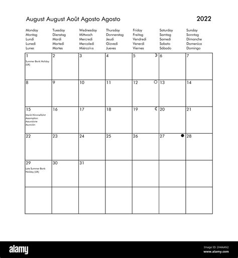 August international calendar of year 2022 with public holidays and ...