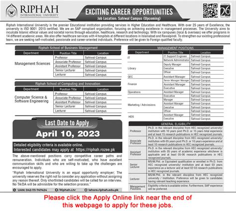 Riphah International University Sahiwal Campus Jobs 2023 March Teaching ...