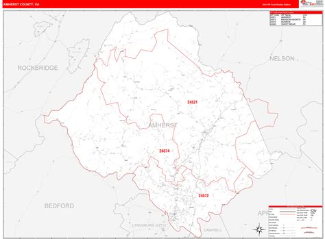 Amherst County, VA Zip Code Wall Map Red Line Style by MarketMAPS ...